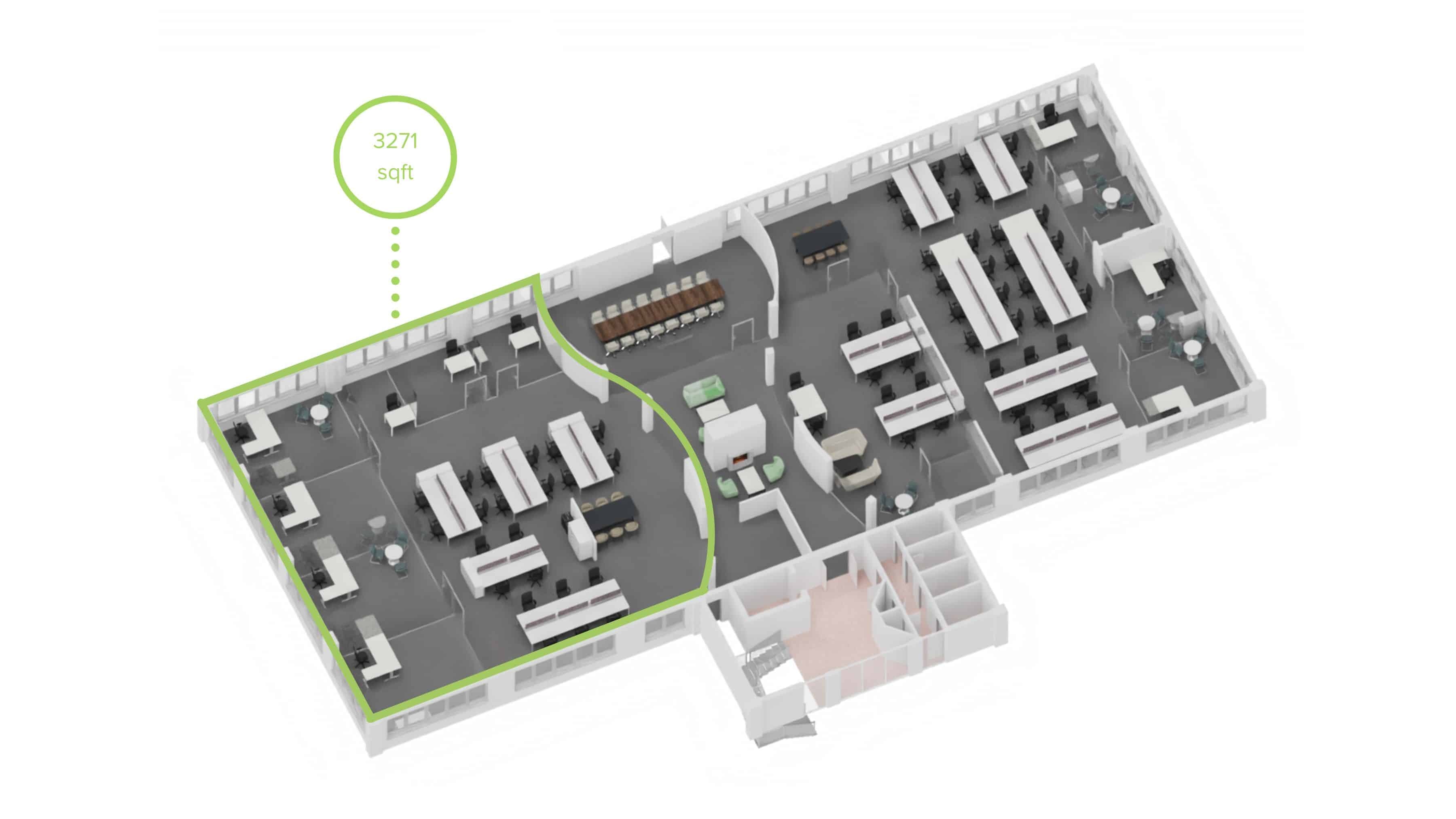 3D floor plan render highlighting the 3271 sqft 30-40 person office at Quays Reach
