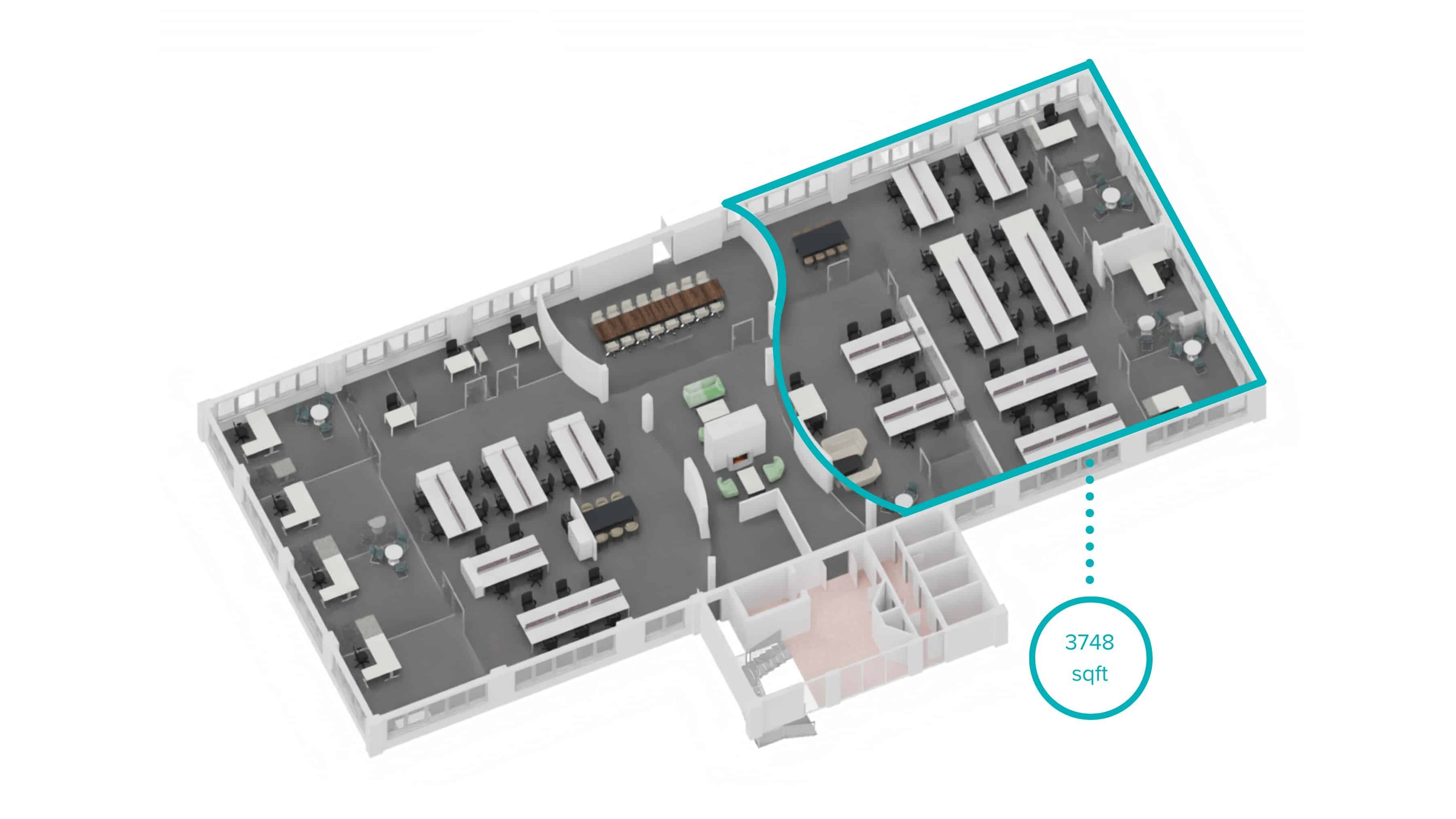 3D floor plan render highlighting the 3748 sqft 35-50 person office at Quays Reach