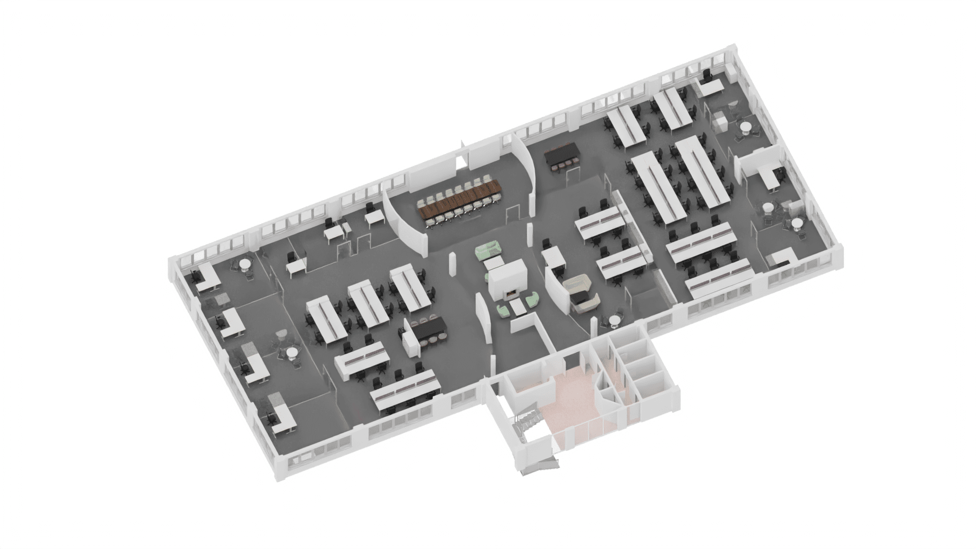 3D floor plan render of the 8580 sqft 80-100 person second floor at Quays Reach Salford
